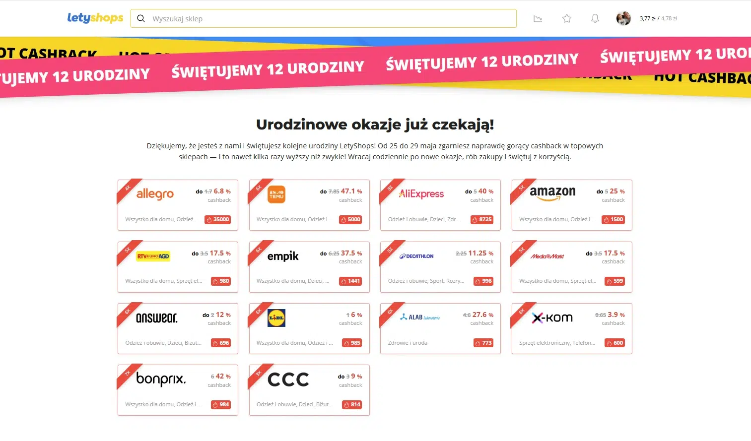 Zrzut ekranu akcji „12 urodziny LetyShops” z listą sklepów objętych podwyższonym cashbackiem. Na obrazie widoczne są m.in. Allegro, Temu, AliExpress, Amazon, Empik, RTV Euro AGD, x-kom i CCC wraz z aktualnymi stawkami cashbacku oraz mnożnikami promocji.