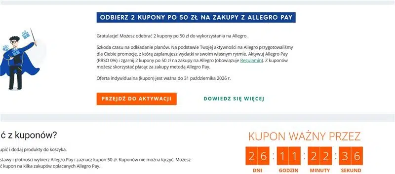 Widok strony promocji Allegro Pay z ofertą 2 kuponów po 50 zł na zakupy po aktywacji usługi oraz informacją o terminie ważności kuponu.
