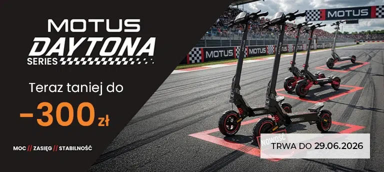 Mobilny baner promocji hulajnogi elektrycznej Motus Daytona Series. Na grafice widoczne są hulajnogi Motus ustawione na torze wyścigowym oraz informacja o obniżce do 300 zł i promocji ważnej do 29.06.2026.