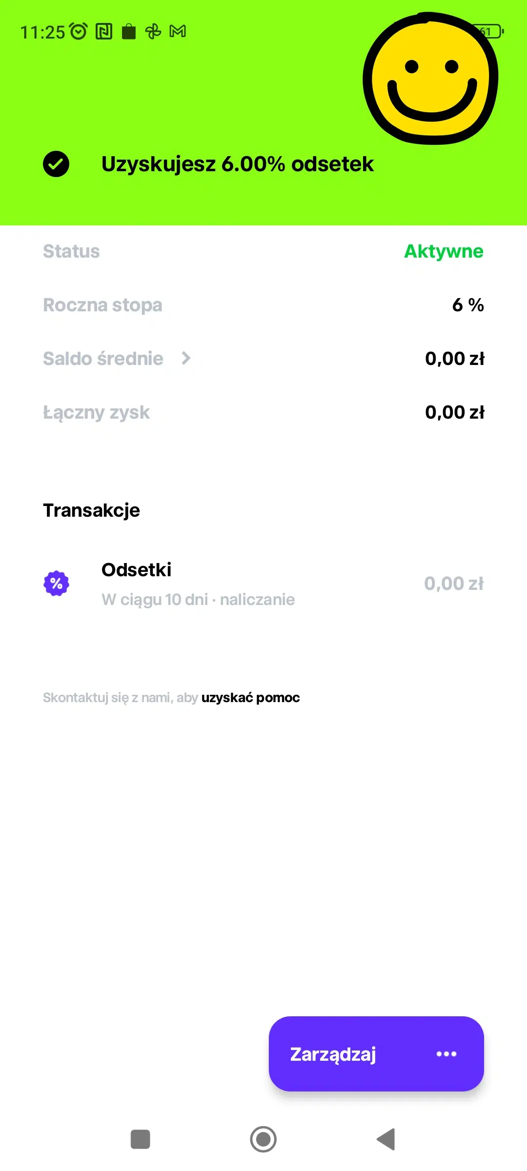 Ekran aplikacji Trade Republic z aktywnym oprocentowaniem 6% od gotówki. Widoczny status „Aktywne”, roczna stopa 6% oraz sekcja naliczania odsetek z przyciskiem „Zarządzaj”.
