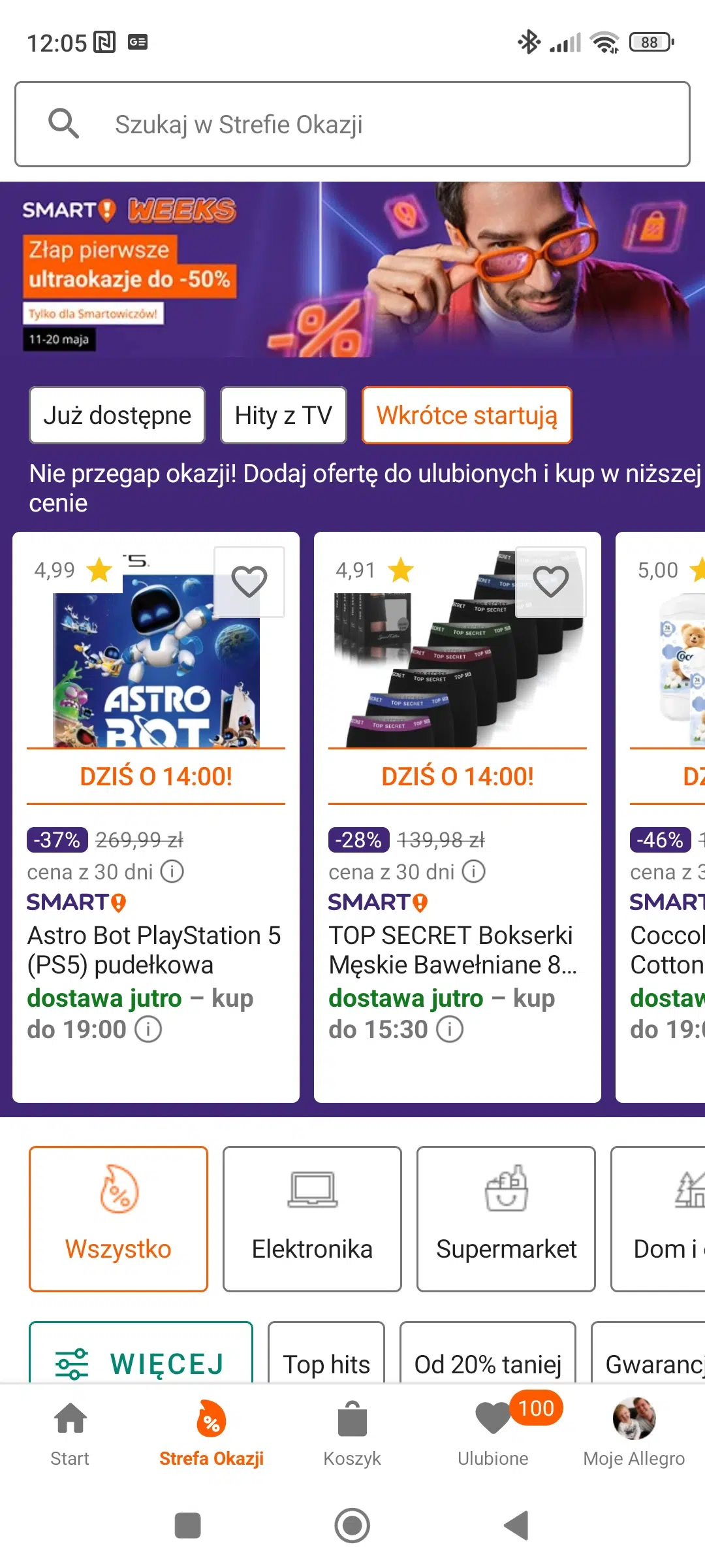 Mobilny widok Allegro Smart! Weeks 2026 z zakładką „Wkrótce startują”, prezentujący nadchodzące promocje i produkty dostępne w niższych cenach dla użytkowników Allegro Smart!.
