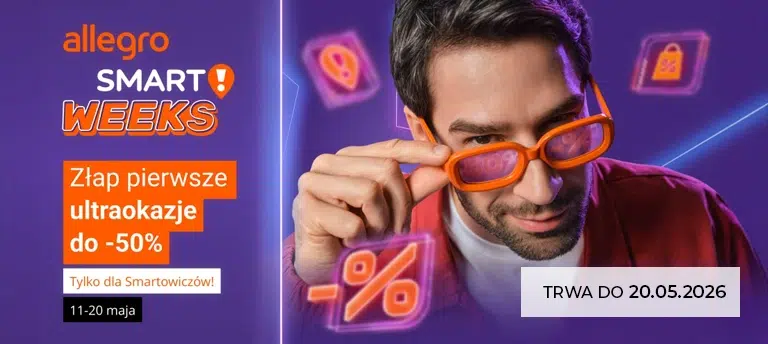 Mobilny baner Allegro Smart! Weeks 2026 z informacją o ultraokazjach do -50% dla Smartowiczów, datą promocji 11–20 maja oraz mężczyzną w pomarańczowych okularach na fioletowym tle z ikonami rabatów.