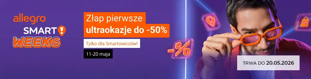 Baner Allegro Smart! Weeks 2026 z informacją o ultraokazjach do -50% dla Smartowiczów, datą promocji 11–20 maja oraz mężczyzną w pomarańczowych okularach na fioletowym tle z symbolami rabatów.