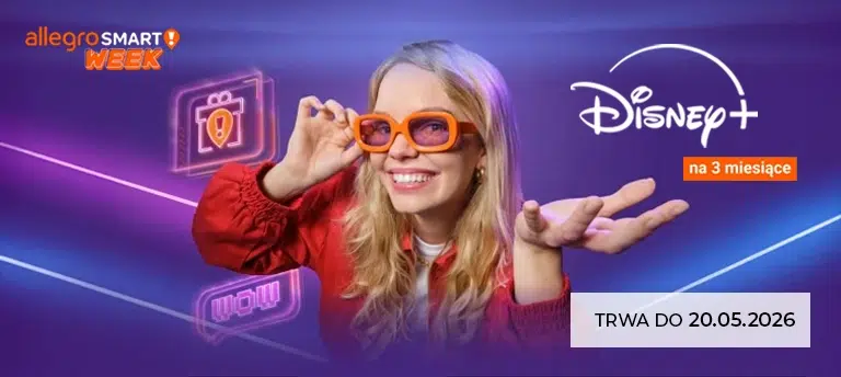Mobilny baner Allegro Smart! Week x Disney+ z informacją o Disney+ na 3 miesiące oraz grafiką uśmiechniętej kobiety w pomarańczowych okularach na fioletowym tle z ikonami promocji.