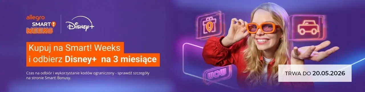Baner Allegro Smart! Weeks x Disney+ z informacją o możliwości odebrania Disney+ na 3 miesiące podczas zakupów w Smart! Weeks oraz grafiką kobiety w pomarańczowych okularach na fioletowym tle z ikonami promocji.