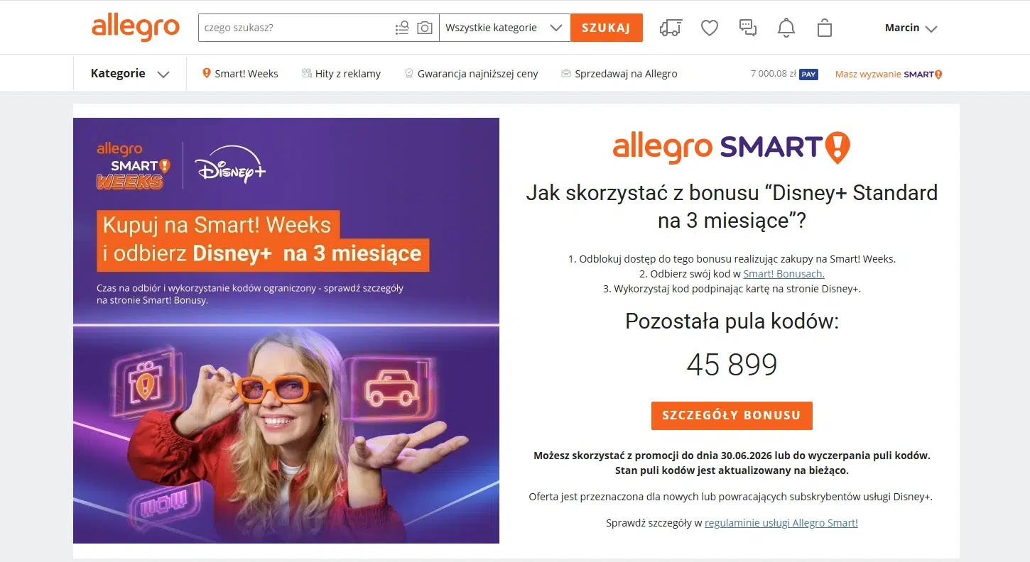 Strona Allegro Smart! z promocją Disney+ Standard na 3 miesiące, pokazująca instrukcję odbioru bonusu, liczbę pozostałych kodów oraz grafiki związane z akcją Smart! Weeks i Disney+.