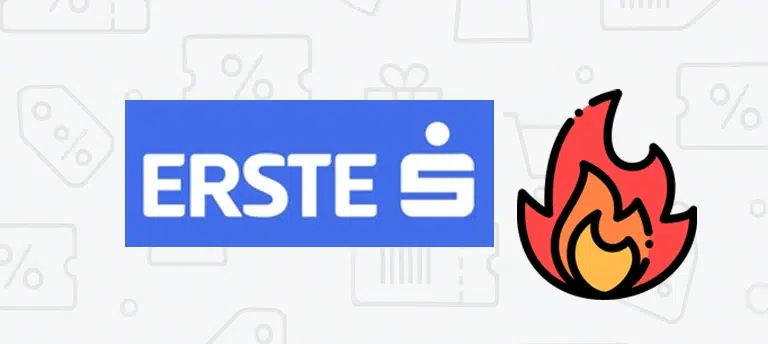 Logo Erste Bank Polska na jasnym tle obok ikony płomienia symbolizującej gorące promocje i aktualne oferty bankowe. Grafika przedstawia sekcję dotyczącą kodów rabatowych, bonusów i promocji Erste Bank.