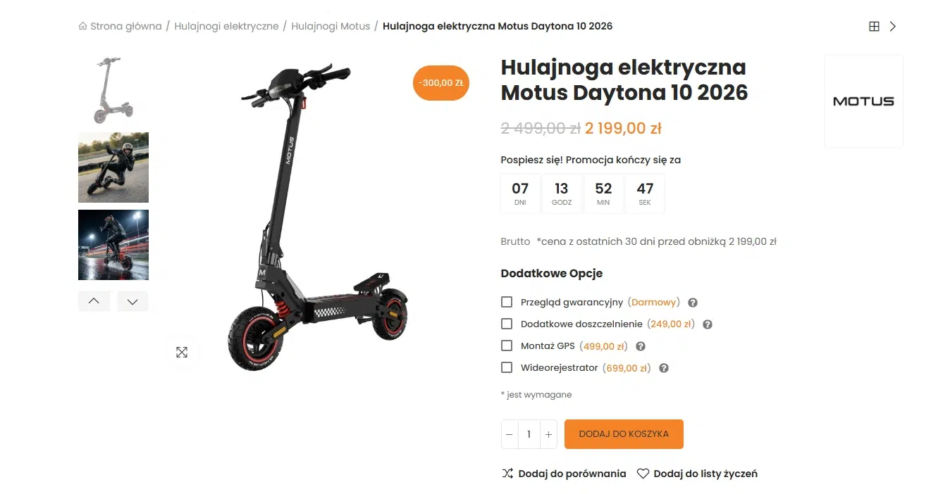 Zrzut ekranu oferty hulajnogi elektrycznej Motus Daytona 10 2026 w sklepie internetowym 7Way. Na grafice widoczny jest model hulajnogi Motus Daytona 10 2026 w promocyjnej cenie 2199 zł po obniżce o 300 zł oraz licznik czasu do końca promocji.