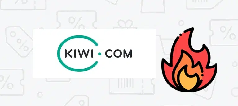 Logo Kiwi.com na jasnym tle z turkusowym okręgiem wokół nazwy marki oraz ikoną płomienia obok, sugerującą promocje lub gorące okazje związane z podróżami i lotami.