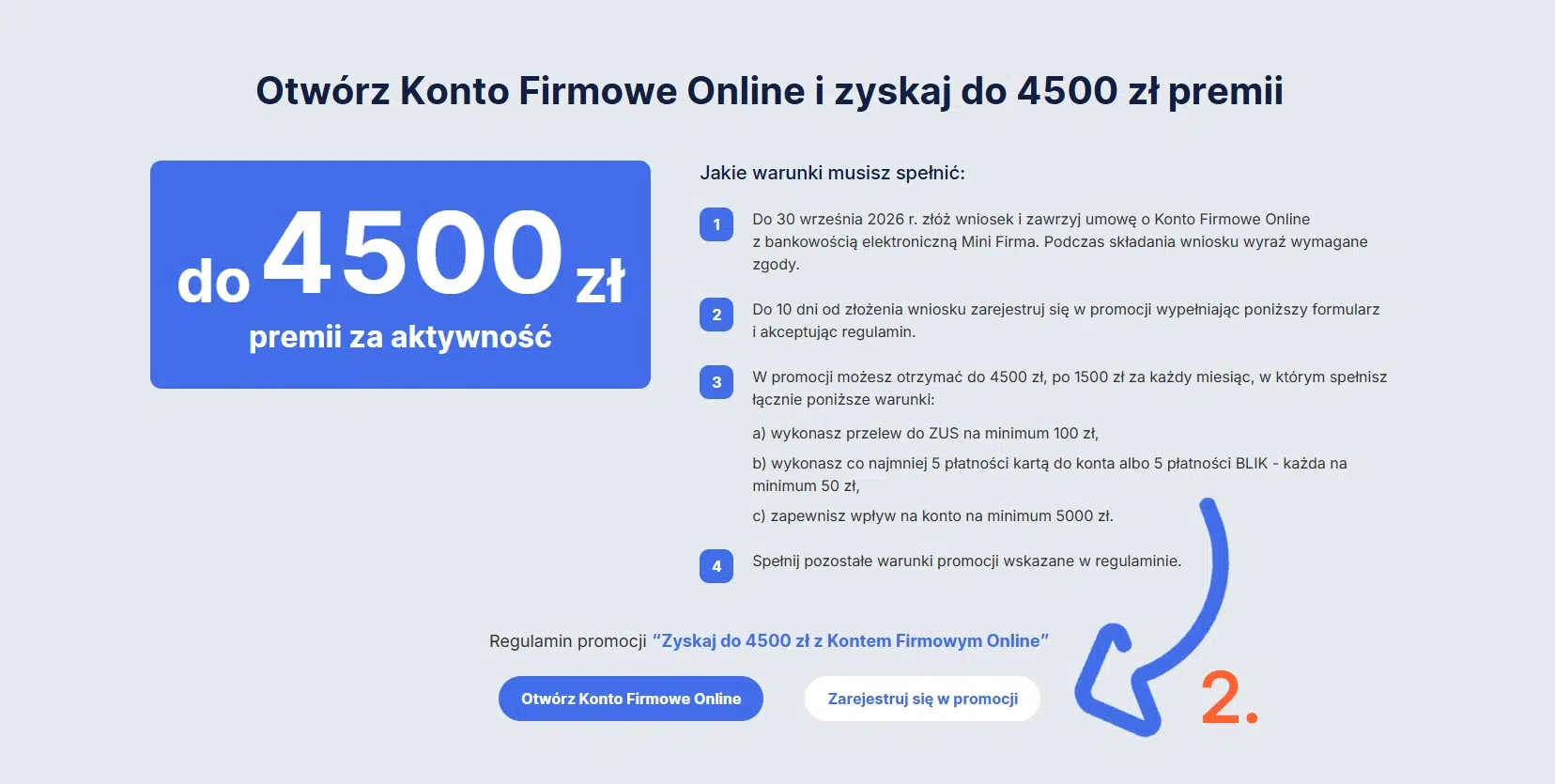 Zrzut ekranu prezentujący drugi krok promocji Erste Bank dla firm. Na grafice widoczna jest oferta do 4500 zł premii za aktywność oraz zaznaczony przycisk „Zarejestruj się w promocji”, który należy kliknąć po otwarciu Konta Firmowego Online.