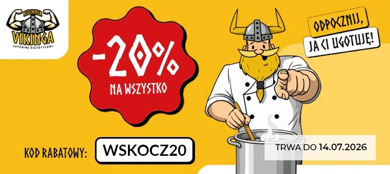 Mobilny baner Kuchni Vikinga promujący 20% rabatu na wszystkie diety z kodem WSKOCZ20. Na grafice widoczny jest Wiking-kucharz, oznaczenie „-20% na wszystko”, kod rabatowy oraz informacja o ważności promocji do 14.07.2026 r.