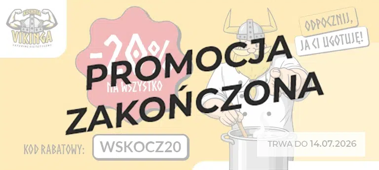 Mobilny baner Kuchni Vikinga promujący 20% rabatu na wszystkie diety z kodem WSKOCZ20. Na grafice widoczny jest Wiking-kucharz, oznaczenie „-20% na wszystko”, kod rabatowy oraz informacja o ważności promocji do 14.07.2026 r. Po środku informacja PROMOCJA ZAKOŃCZONA.