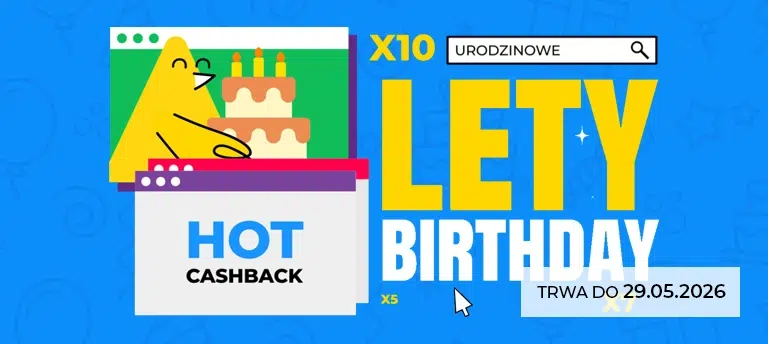 Mobilny baner promocji „LETY Birthday” z okazji urodzin LetyShops. Na grafice widoczny jest komunikat o hot cashbacku, motyw tortu urodzinowego oraz informacja o promocji ważnej do 29.05.2026.