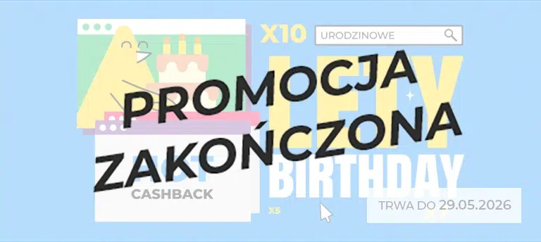 Mobilny baner promocji „LETY Birthday” z okazji urodzin LetyShops. Na grafice widoczny jest komunikat o hot cashbacku, motyw tortu urodzinowego oraz informacja o promocji ważnej do 29.05.2026. Po środku napis PROMOCJA ZAKOŃCZONA.