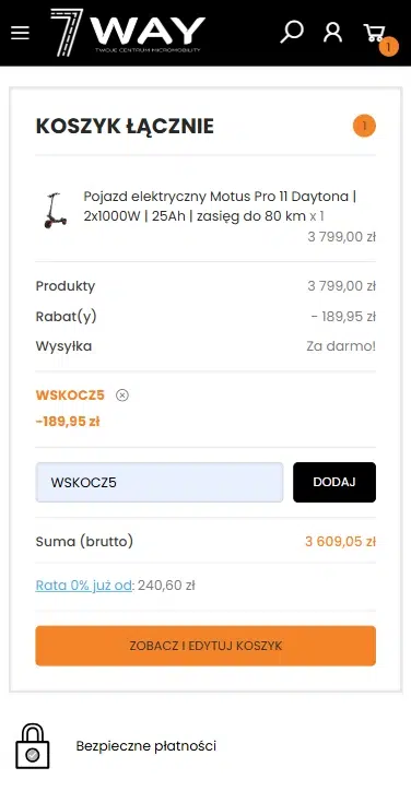 Mobilny widok koszyka w sklepie 7Way z zastosowanym kodem rabatowym WSKOCZ5. Na ekranie widoczne jest zamówienie pojazdu elektrycznego Motus Pro 11 Daytona oraz naliczony rabat 189,95 zł po wpisaniu kodu promocyjnego.