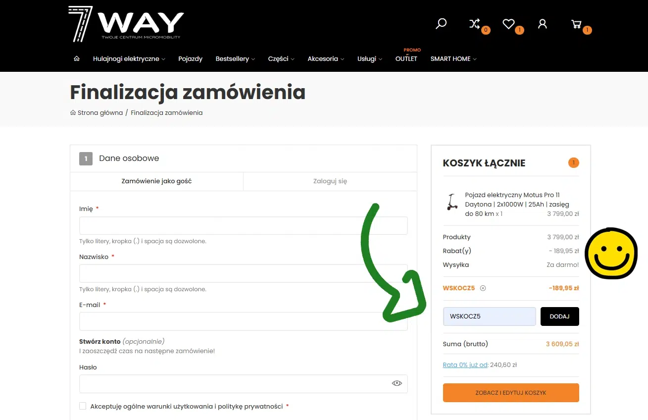 Zrzut ekranu koszyka w sklepie 7Way podczas finalizacji zamówienia pojazdu elektrycznego Motus Pro 11 Daytona. Na grafice widoczny jest wpisany kod rabatowy WSKOCZ5, który obniża wartość zamówienia o 189,95 zł.
