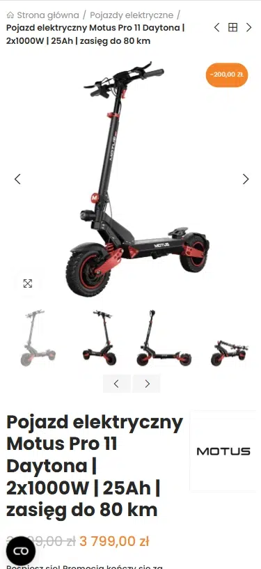 Mobilny widok oferty pojazdu elektrycznego Motus Pro 11 Daytona w sklepie 7Way. Na ekranie widoczny jest model Motus Pro 11 Daytona z napędem 2x1000W, akumulatorem 25Ah i zasięgiem do 80 km w promocyjnej cenie 3799 zł po rabacie 200 zł.