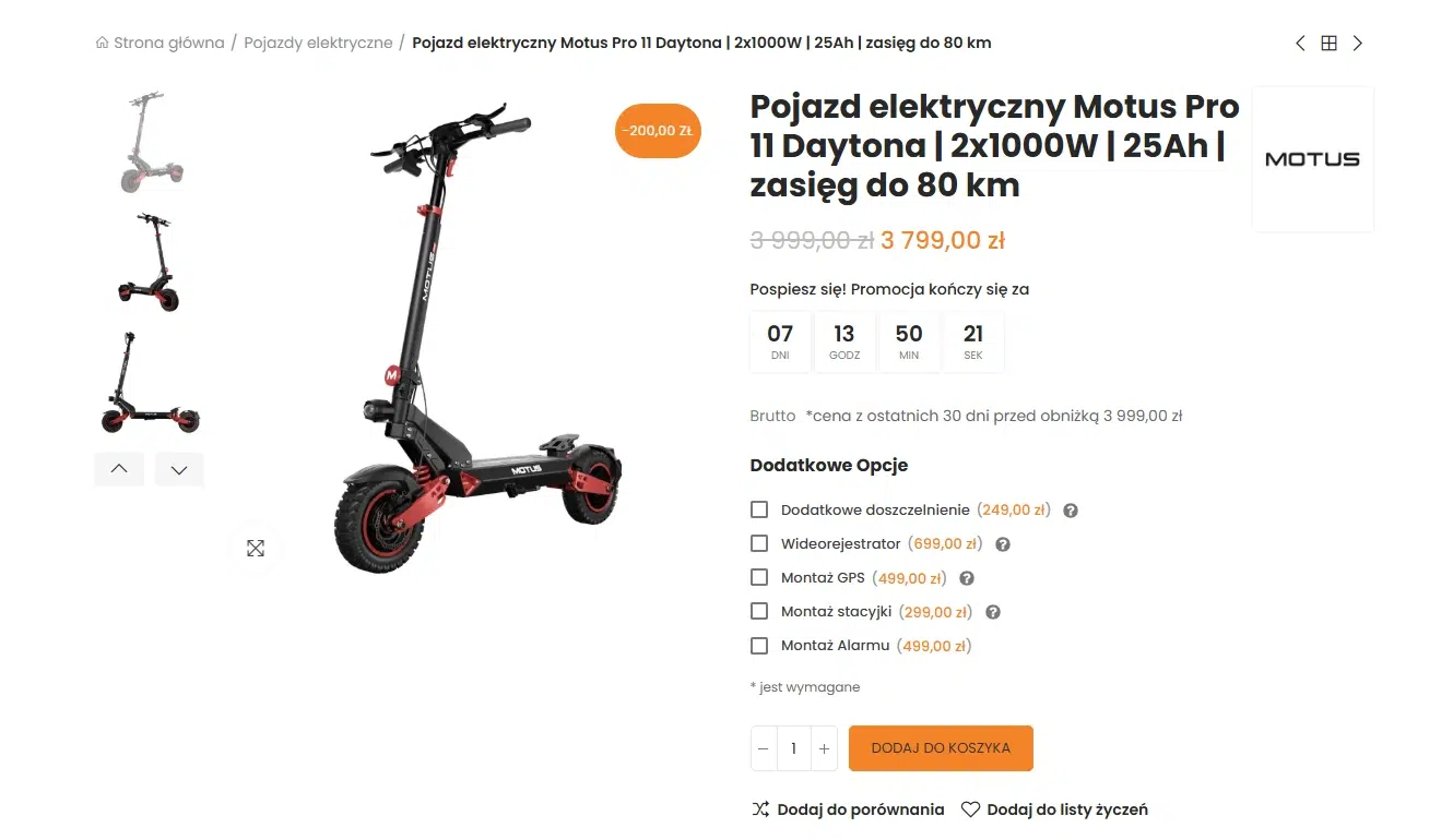 Zrzut ekranu oferty pojazdu elektrycznego Motus Pro 11 Daytona w sklepie 7Way. Na grafice widoczny jest model Motus Pro 11 Daytona z napędem 2x1000W, akumulatorem 25Ah i zasięgiem do 80 km w promocyjnej cenie 3799 zł po obniżce o 200 zł.