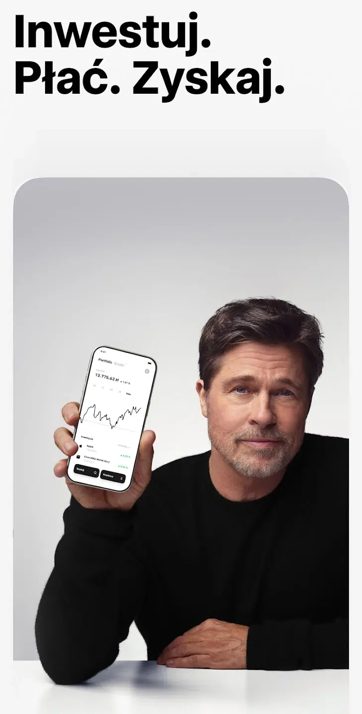 Reklama aplikacji Trade Republic z hasłem „Inwestuj. Płać. Zyskaj.”. Na grafice widoczny jest Brad Pitt trzymający smartfon z aplikacją inwestycyjną prezentującą wykres portfela i wyniki inwestycji. Minimalistyczna grafika promuje inwestowanie i płatności w aplikacji Trade Republic.