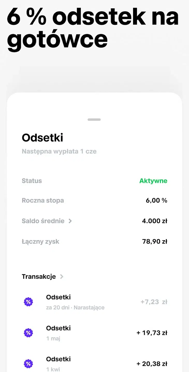 Zrzut ekranu z aplikacji Trade Republic prezentujący ofertę 6% odsetek od wolnej gotówki. Na ekranie widoczne są szczegóły oprocentowania, w tym status „Aktywne”, roczna stopa 6,00%, średnie saldo 4000 zł oraz łączny zysk 78,90 zł. Poniżej pokazano historię naliczonych odsetek i przykładowe wypłaty zysków w aplikacji.