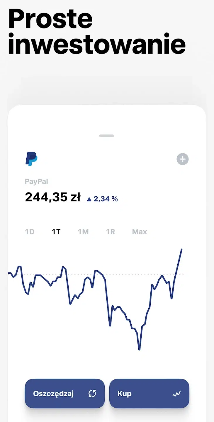 Zrzut ekranu z aplikacji Trade Republic promujący proste inwestowanie. Na ekranie widoczny jest wykres akcji PayPal z aktualną wartością 244,35 zł i wzrostem o 2,34% w ujęciu tygodniowym. U dołu znajdują się przyciski „Oszczędzaj” oraz „Kup”, które umożliwiają inwestowanie i zarządzanie środkami w aplikacji.