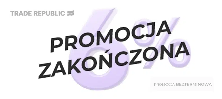 Mobilny baner Trade Republic promujący 6% oprocentowania gotówki. Na grafice widoczne jest logo Trade Republic, duży fioletowy napis „6%” oraz oznaczenie „Promocja bezterminowa”. Po środku napis PROMOCJA ZAKOŃCZONA.