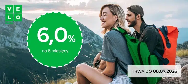 Baner promujący VeloLokatę dla Aktywnych w VeloBanku. Na grafice widoczne jest oprocentowanie 6,0% na 6 miesięcy oraz logo VeloBanku. W tle znajduje się para turystów siedzących na górskim szlaku z plecakami na plecach. W prawym dolnym rogu umieszczono informację, że promocja trwa do 08.07.2026.