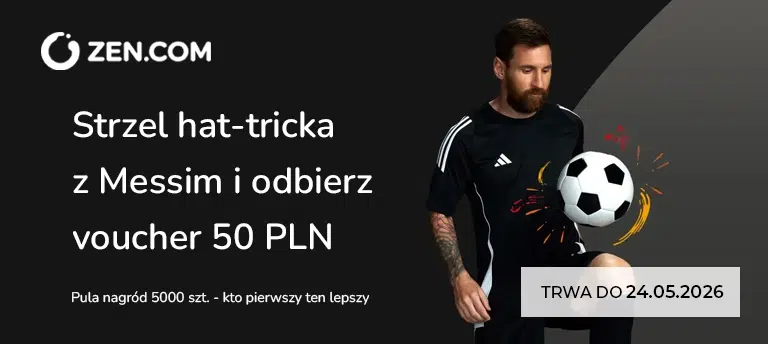 Mobilna grafika promocji ZEN.COM z Leo Messim i piłką nożną. Na banerze widnieje informacja o akcji „Strzel hat-tricka z Messim i odbierz voucher 50 PLN”, pula 5000 nagród oraz termin promocji do 24.05.2026.