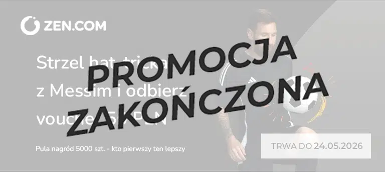 Mobilna grafika promocji ZEN.COM z Leo Messim i piłką nożną. Na banerze widnieje informacja o akcji „Strzel hat-tricka z Messim i odbierz voucher 50 PLN”, pula 5000 nagród oraz termin promocji do 24.05.2026. Po środku napis PROMOCJA ZAKOŃCZONA.