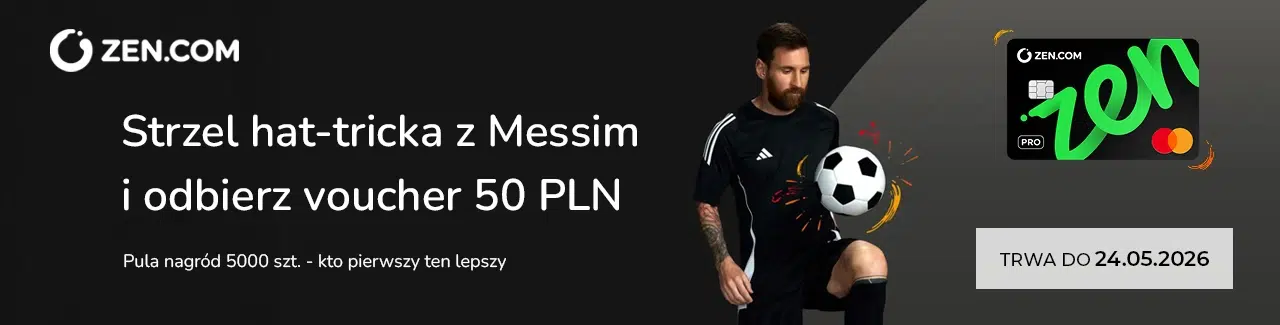 Grafika promocji ZEN.COM z Leo Messim i piłką nożną. Baner informuje o akcji „Strzel hat-tricka z Messim i odbierz voucher 50 PLN”, z limitem 5000 nagród oraz terminem promocji do 24.05.2026.