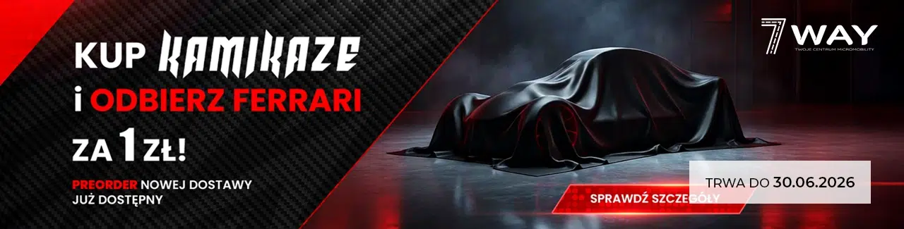 Baner promocji 7Way z informacją o akcji „Kup Kamikaze i odbierz Ferrari za 1 zł”. Na grafice widoczny jest zasłonięty sportowy samochód, logo 7Way oraz termin trwania promocji do 30.06.2026.