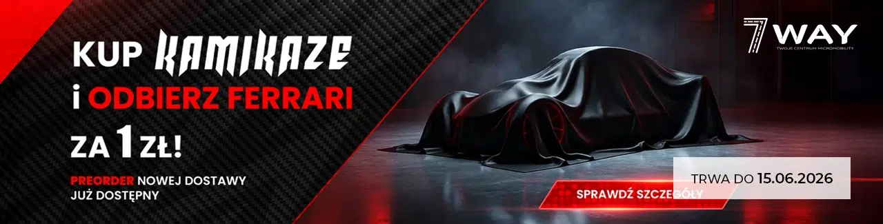 Baner promocji 7Way z informacją o akcji „Kup Kamikaze i odbierz Ferrari za 1 zł”. Na grafice widoczny jest zasłonięty sportowy samochód, logo 7Way oraz termin trwania promocji do 15.06.2026.