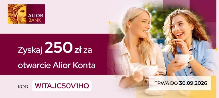 Mobilny baner promujący program poleceń Alior Bank. Na grafice widoczne jest logo banku, informacja o premii 250 zł za otwarcie Alior Konta oraz kod polecenia WITAJC50V1HQ. Po prawej stronie znajduje się zdjęcie dwóch uśmiechniętych kobiet rozmawiających przy kawie, a w dolnej części umieszczono informację, że promocja trwa do 30.09.2026.