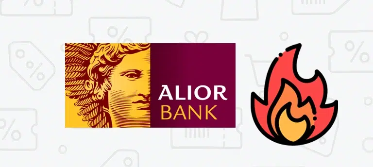 Logo Alior Bank na jasnym tle obok czerwono-pomarańczowej ikony płomienia symbolizującej gorące promocje. Charakterystyczne logo banku przedstawia wizerunek antycznej postaci oraz nazwę Alior Bank. Grafika przedstawia sekcję poświęconą aktualnym kodom rabatowym, promocjom i ofertom specjalnym Alior Bank.