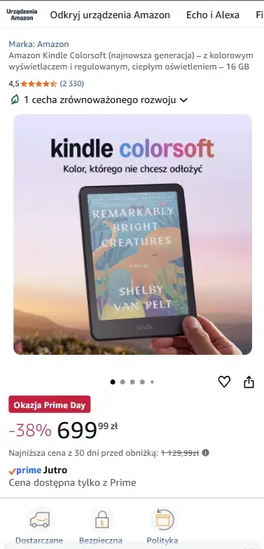 Mobilny widok strony produktu Amazon Kindle Colorsoft na Amazon.pl podczas promocji Prime Day. Na ekranie widoczna jest nazwa czytnika e-booków, ocena użytkowników, zdjęcie urządzenia z kolorowym wyświetlaczem oraz oznaczenie „Okazja Prime Day”. Produkt został przeceniony o 38% do 699,99 zł, a poniżej znajdują się informacje o dostawie Prime i dodatkowych korzyściach zakupowych.