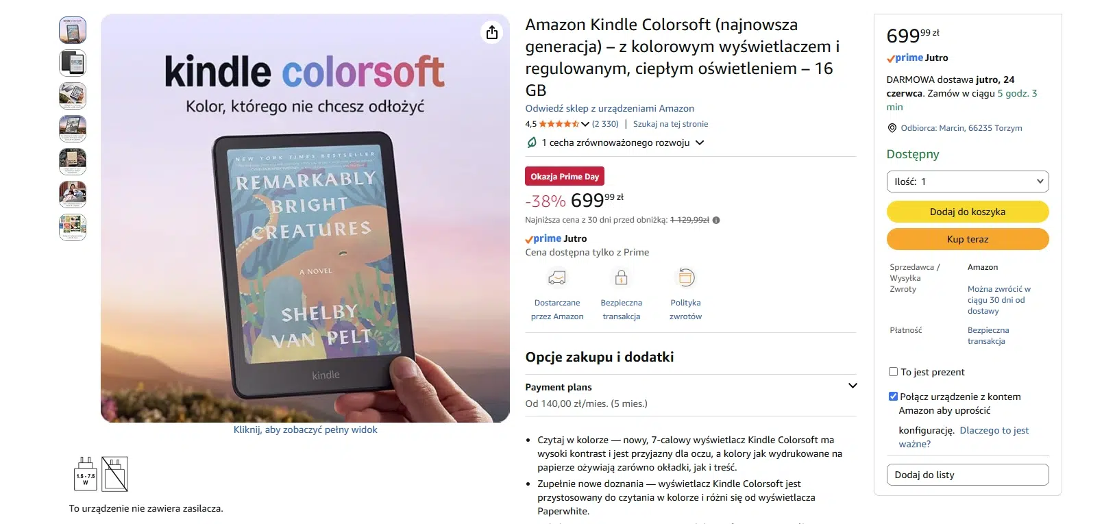 Strona produktu Amazon Kindle Colorsoft na Amazon.pl podczas promocji Prime Day. Na ekranie widoczny jest czytnik e-booków z kolorowym wyświetlaczem prezentującym okładkę książki, nazwa produktu, ocena użytkowników oraz cena promocyjna 699,99 zł z rabatem 38% dla klientów Amazon Prime. Po prawej stronie znajdują się przyciski „Dodaj do koszyka” i „Kup teraz”, a poniżej opis najważniejszych funkcji urządzenia.