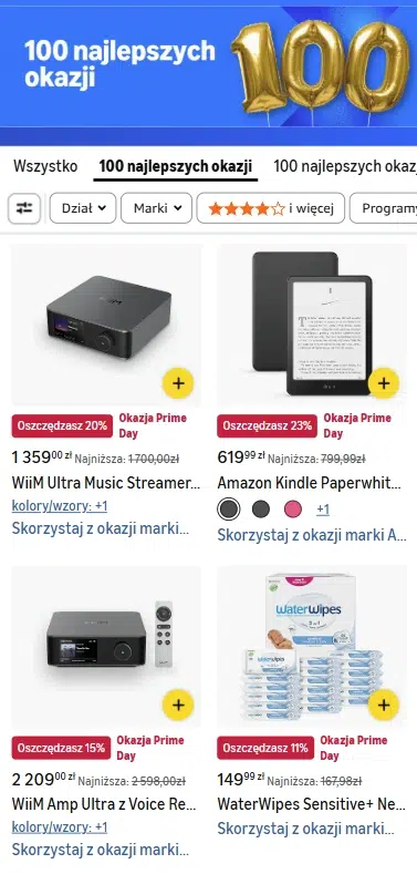 Mobilny widok strony Amazon Prime Day prezentujący sekcję „100 najlepszych okazji”. Na ekranie widoczne są filtry wyszukiwania oraz lista promocyjnych produktów objętych ofertą Prime Day, w tym urządzenia audio WiiM, czytnik Amazon Kindle Paperwhite i chusteczki WaterWipes. Przy każdym produkcie pokazano wysokość rabatu, cenę promocyjną oraz oznaczenie „Okazja Prime Day”.