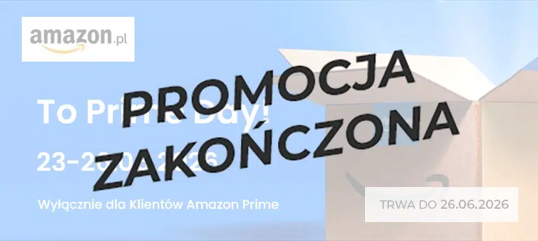Mobilny baner promujący Amazon Prime Day 2026. Na niebieskim tle widoczne jest logo Amazon.pl, hasło „To Prime Day!”, termin wydarzenia 23–26.06.2026 oraz informacja, że promocje są dostępne wyłącznie dla klientów Amazon Prime. Po prawej stronie znajduje się otwarte pudełko Amazon z logo Prime Day oraz oznaczenie daty zakończenia akcji. Po środku napis PROMOCJA ZAKOŃCZONA.