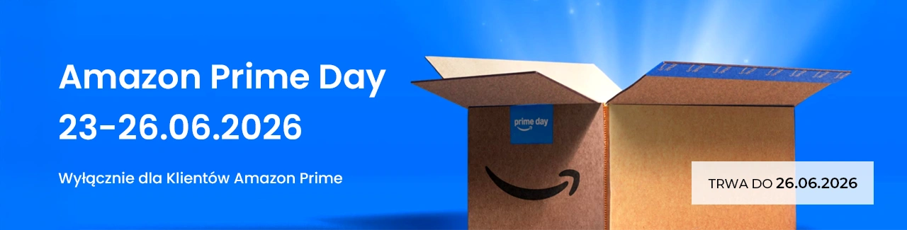 Baner promujący Amazon Prime Day 2026 z informacją o terminie wydarzenia od 23 do 26 czerwca 2026 roku. Na niebieskim tle widoczne jest otwarte pudełko Amazon z logo Prime Day, a po lewej stronie znajduje się komunikat, że promocja jest dostępna wyłącznie dla klientów Amazon Prime. W prawym dolnym rogu umieszczono informację o dacie zakończenia akcji.