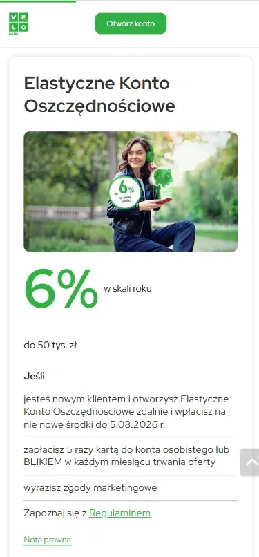Mobilna wersja strony promocji Elastycznego Konta Oszczędnościowego VeloBank z oprocentowaniem 6% w skali roku do 50 tys. zł dla nowych środków. Widoczne są warunki promocji, grafika promocyjna oraz przycisk otwarcia konta.