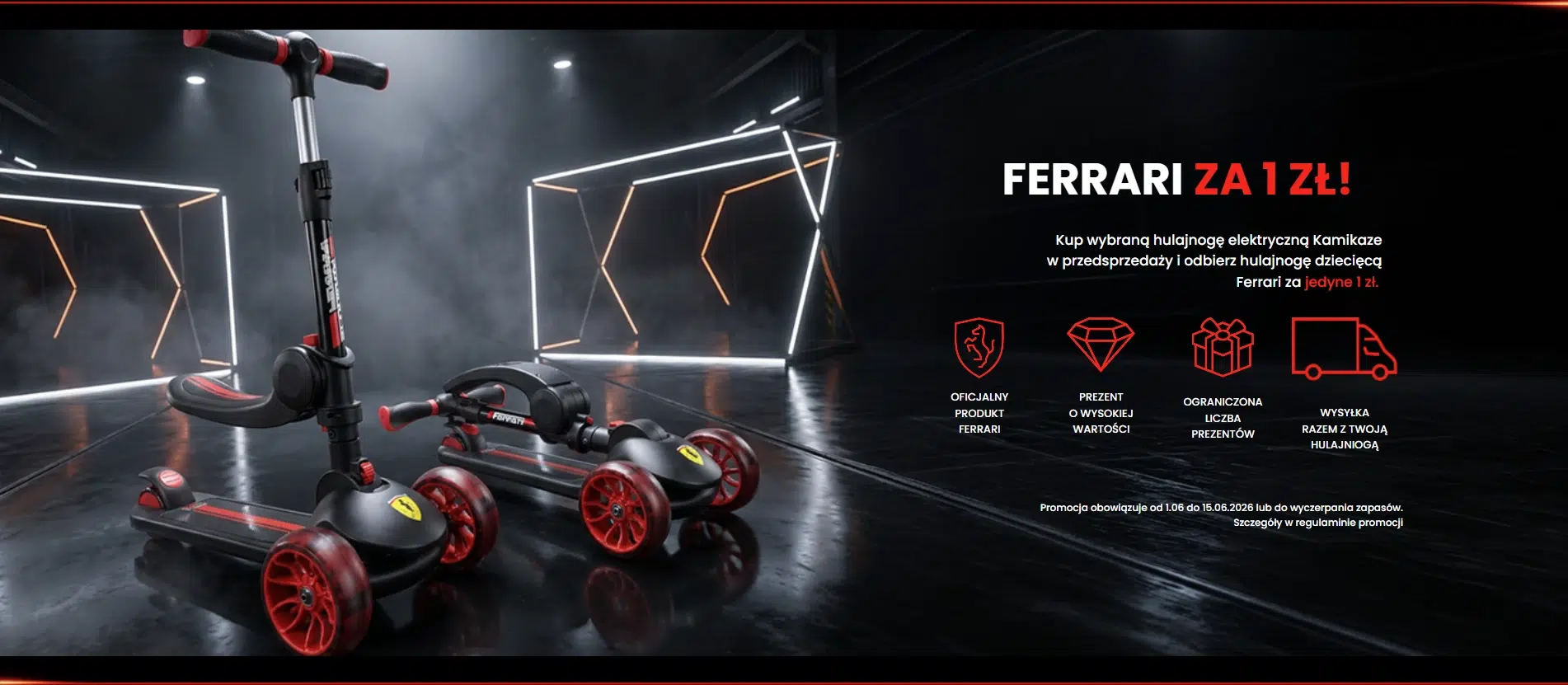 Grafika promocyjna 7Way przedstawiająca hulajnogę dziecięcą Ferrari dostępną za 1 zł przy zakupie wybranej hulajnogi elektrycznej Kamikaze w przedsprzedaży. Na obrazie widoczne są warunki akcji, ikony korzyści oraz informacja o ograniczonej liczbie prezentów.