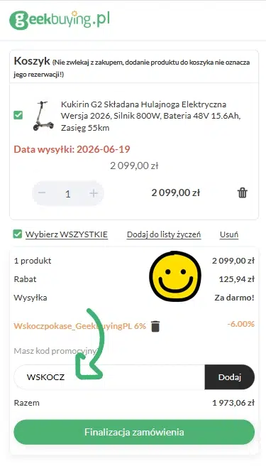 Mobilny widok koszyka w sklepie Geekbuying.pl z hulajnogą elektryczną KuKirin G2. Na grafice widoczne jest pole do wpisania kodu rabatowego WSKOCZ oraz aktywna zniżka 6%, która dodatkowo obniża cenę produktu. Po zastosowaniu kodu końcowa kwota zamówienia spada do 1973,06 zł, a użytkownik może przejść do finalizacji zakupu za pomocą przycisku widocznego na dole ekranu.