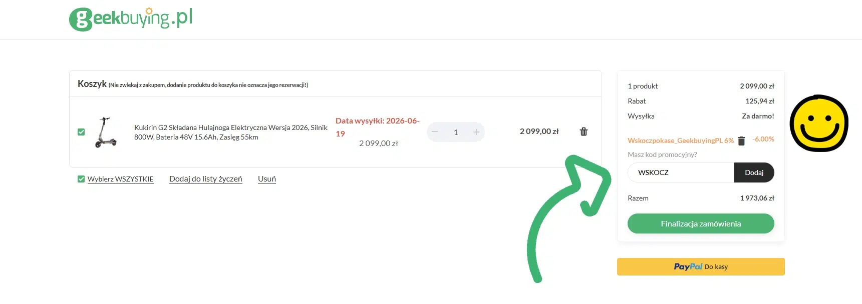 Zrzut ekranu koszyka w sklepie Geekbuying.pl z hulajnogą elektryczną KuKirin G2 w wersji 2026. Po prawej stronie widoczne jest podsumowanie zamówienia z aktywnym kodem rabatowym WSKOCZ, który obniża cenę hulajnogi o dodatkowe 6%. Grafika pokazuje końcową kwotę do zapłaty po naliczeniu wszystkich rabatów oraz przycisk przejścia do finalizacji zamówienia.