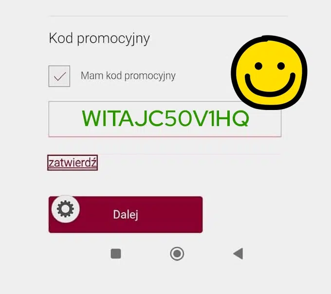 Zrzut ekranu przedstawiający formularz otwierania konta w Alior Banku z sekcją do wpisania kodu promocyjnego. W polu „Mam kod promocyjny” wpisano kod WITAJC50V1HQ, poniżej widoczny jest przycisk „Zatwierdź” oraz przycisk „Dalej” umożliwiający przejście do kolejnego etapu składania wniosku.
