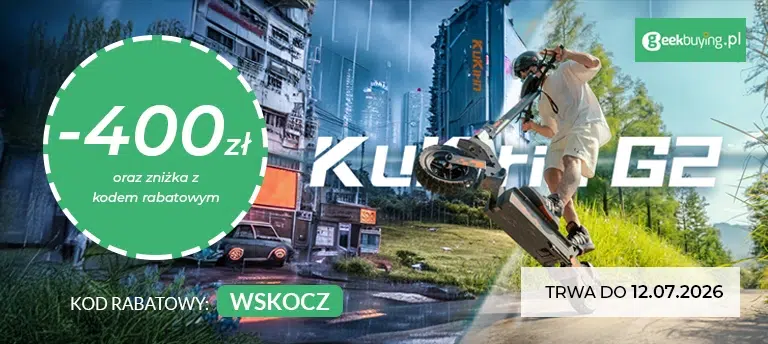 Mobilny baner promujący hulajnogę elektryczną KuKirin G2 w sklepie Geekbuying.pl. Na grafice widoczna jest osoba wykonująca skok na hulajnodze terenowej oraz informacja o obniżce ceny o 400 zł i dodatkowej zniżce z kodem rabatowym WSKOCZ. W prawym dolnym rogu znajduje się informacja, że promocja trwa do 12.07.2026.
