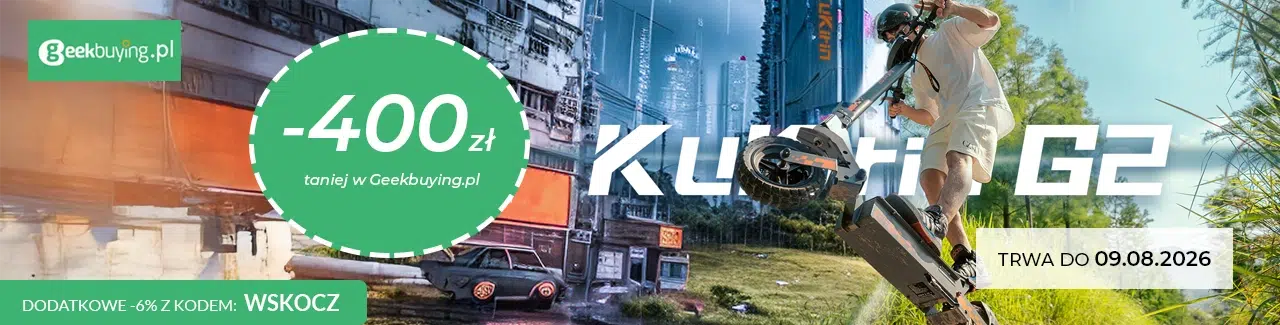 Baner promujący hulajnogę elektryczną KuKirin G2 w sklepie Geekbuying.pl. Na grafice widoczna jest hulajnoga w trakcie jazdy terenowej oraz informacja o obniżce ceny o 400 zł. Dodatkowo podano kod rabatowy WSKOCZ, który zapewnia kolejne 6% zniżki. Po prawej stronie znajduje się informacja, że promocja trwa do 09.08.2026.