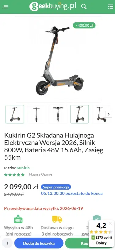 Mobilny widok strony produktu KuKirin G2 w sklepie Geekbuying.pl. Na ekranie widoczna jest hulajnoga elektryczna KuKirin G2 z oznaczeniem promocji „-400,00 zł”, galeria zdjęć produktu oraz cena obniżona do 2099 zł z 2499 zł. Grafika prezentuje najważniejsze parametry modelu: silnik 800 W, akumulator 48 V 15,6 Ah i zasięg do 55 km, a także przyciski umożliwiające dodanie hulajnogi do koszyka lub natychmiastowy zakup.