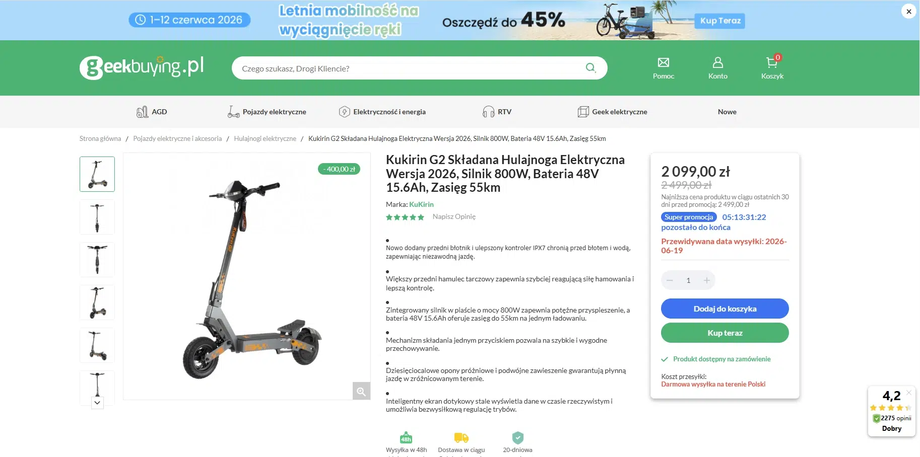 Zrzut ekranu strony produktu KuKirin G2 w sklepie Geekbuying.pl. Na stronie widoczna jest hulajnoga elektryczna KuKirin G2 w wersji 2026 z silnikiem 800 W, akumulatorem 48 V 15,6 Ah i deklarowanym zasięgiem do 55 km. Po prawej stronie znajduje się promocyjna cena 2099 zł, obniżona o 400 zł względem regularnej ceny 2499 zł, wraz z przyciskami „Dodaj do koszyka” i „Kup teraz”. Grafika pokazuje szczegóły oferty oraz najważniejsze parametry techniczne hulajnogi.