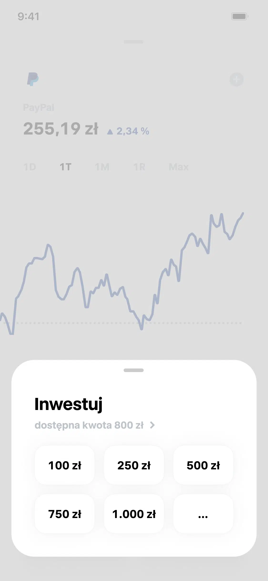 Ekran aplikacji Trade Republic z wyborem kwoty inwestycji w akcje PayPal. Użytkownik może wybrać jedną z proponowanych kwot lub wpisać własną wartość zakupu.