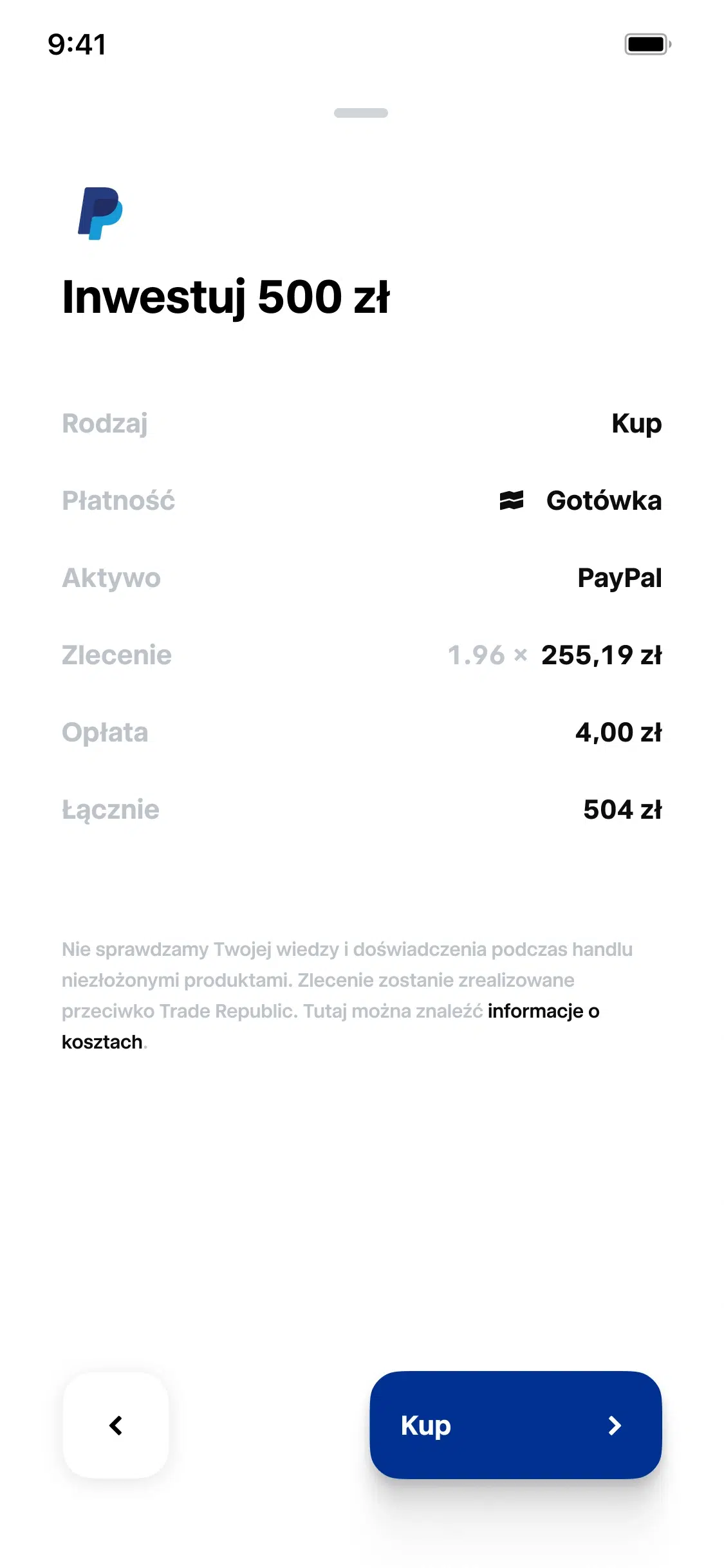 Ekran potwierdzenia zakupu akcji PayPal w aplikacji Trade Republic z podsumowaniem transakcji, wybraną kwotą inwestycji 500 zł, liczbą kupowanych akcji, opłatą oraz przyciskiem finalizacji zakupu.